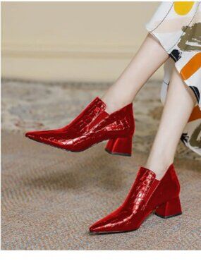 YDN Red Sexy Pointed Toe Ankle Boots Chunky Low Heel Booties Pull on Shoe